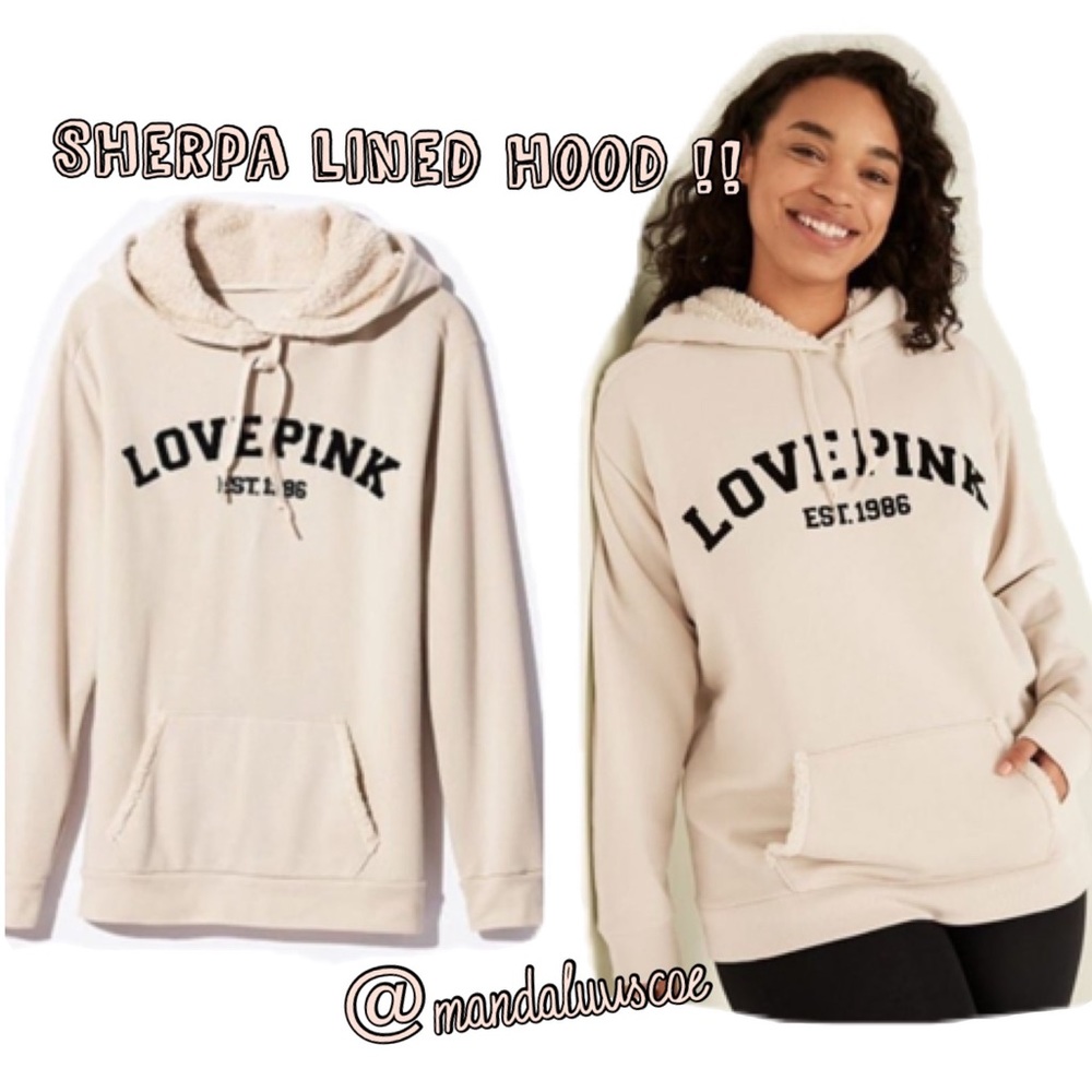 💗VS PINK Ivory Everyday Lounge Sherpa Lined Campus Pullover Hoodie